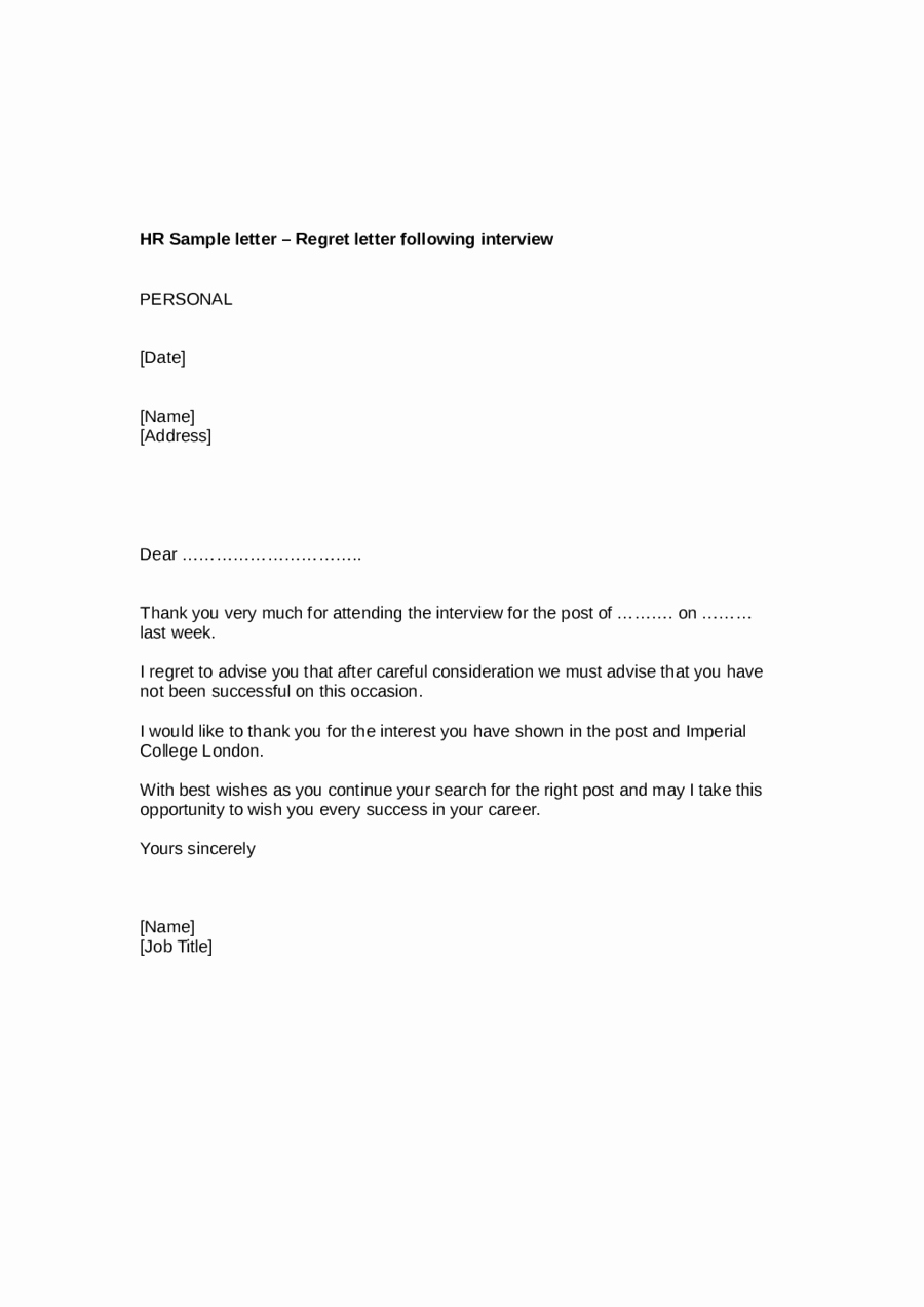 Job Rejection Email Template Awesome 2019 Job Rejection Letter Fillable Printable Pdf
