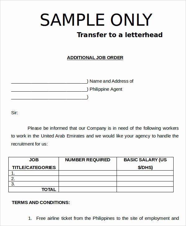Job Work order Template Fresh 9 Job order forms Free Sample Example format Download
