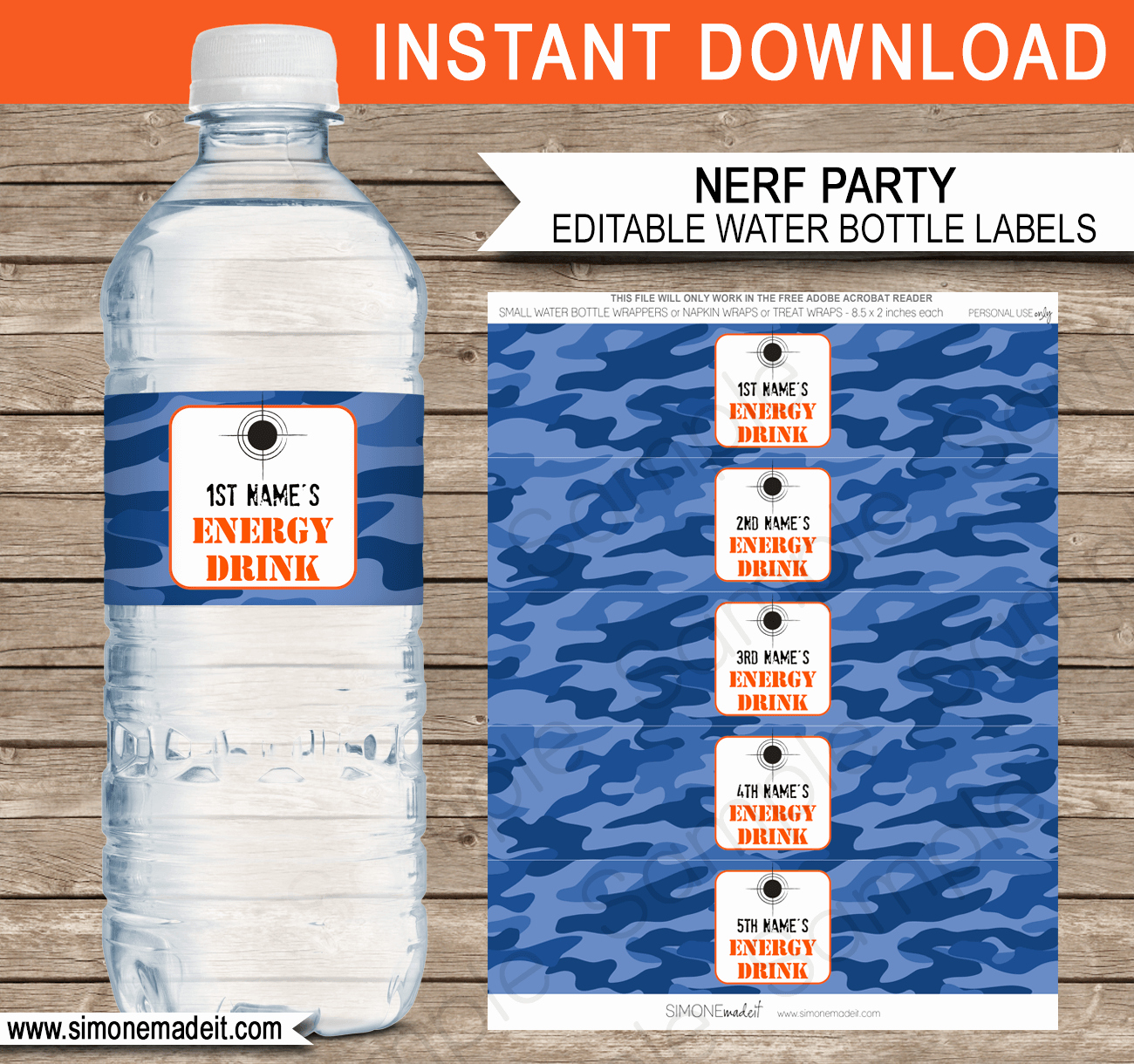 Label for Water Bottle Template Fresh Nerf Printables Blue Camo