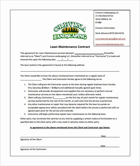 Landscape Maintenance Contract Template Lovely 9 Lawn Service Contract Templates – Free Word Pdf