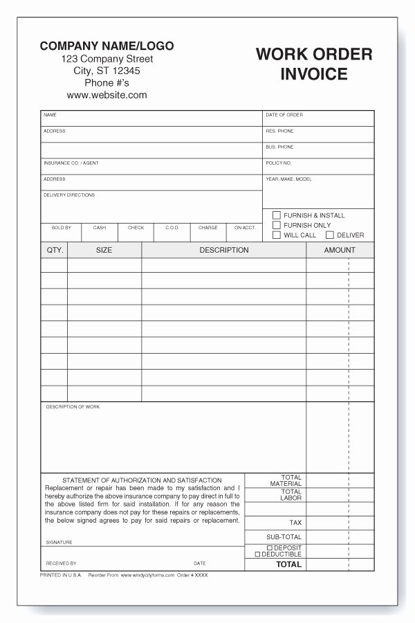 Landscaping Work order Template Beautiful Auto Glass Work order Invoice Windy City forms