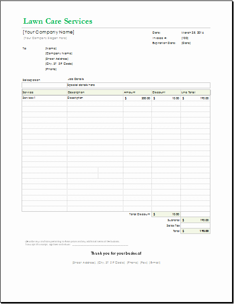 Lawn Service Invoice Template Excel Inspirational Lawn Care Receipt Template for Excel