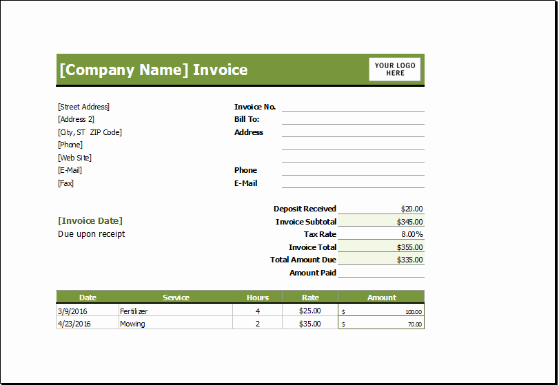 Lawn Service Invoice Template Excel New Lawn Mowing Receipt