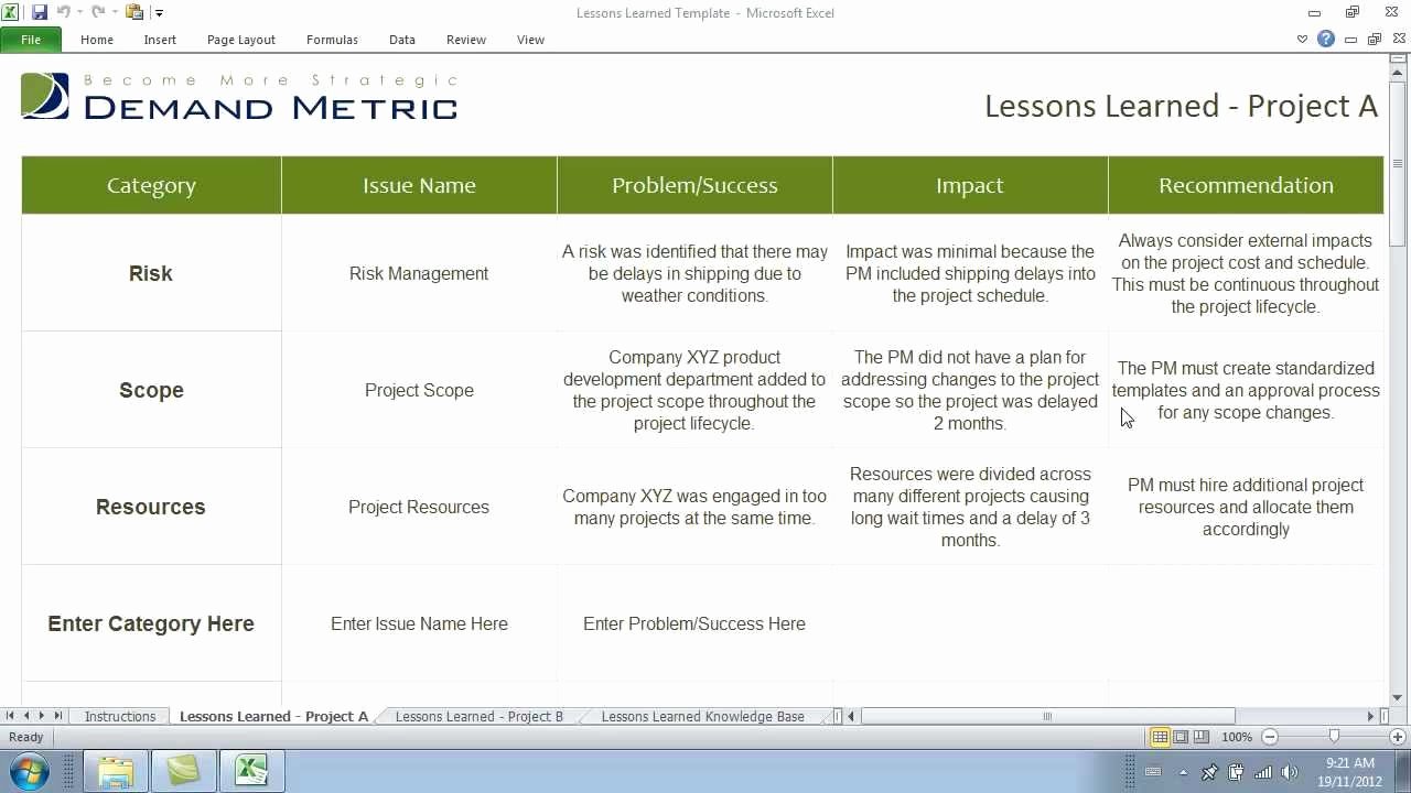 Lessons Learned Project Management Template New Lessons Learned Template