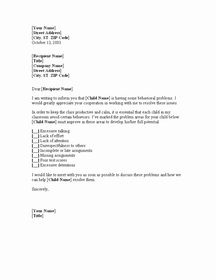 Letter to Parent Template Awesome Letter to Parents About Student’s Behaviour In Classroom