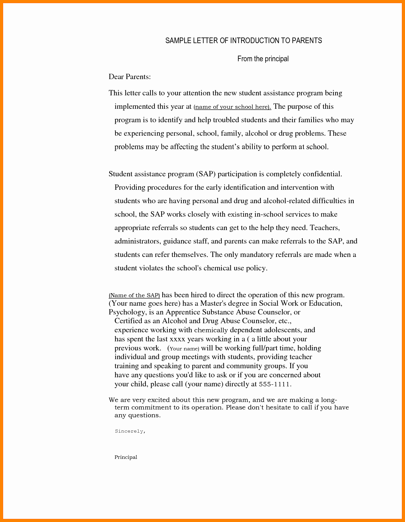 Letter to Parent Template Fresh 5 Letter Of Introduction format for Teachers