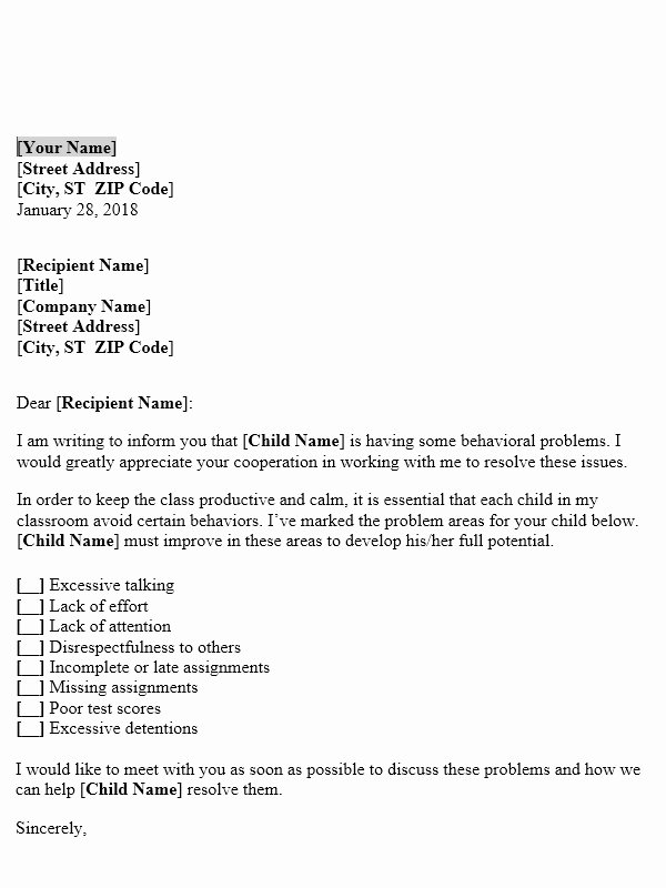 Letter to Parent Template Fresh Letter to Parents About Student’s Behaviour In Classroom
