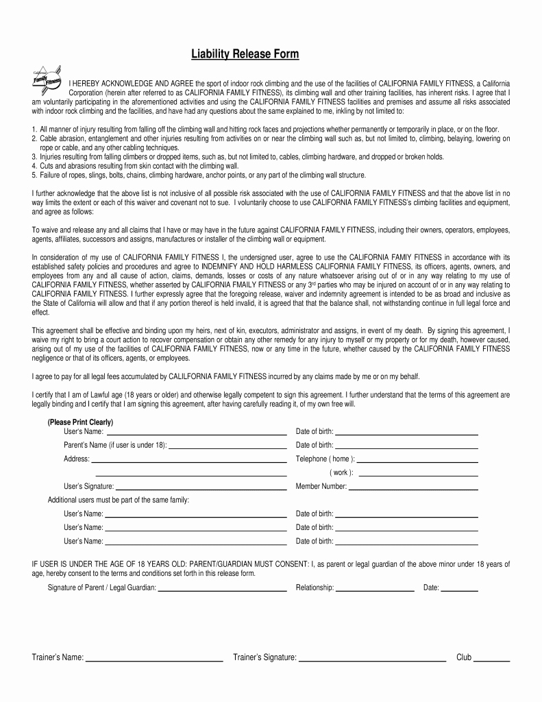 Liability Waiver form Template Free Best Of Free California Family Fitness Liability Release form