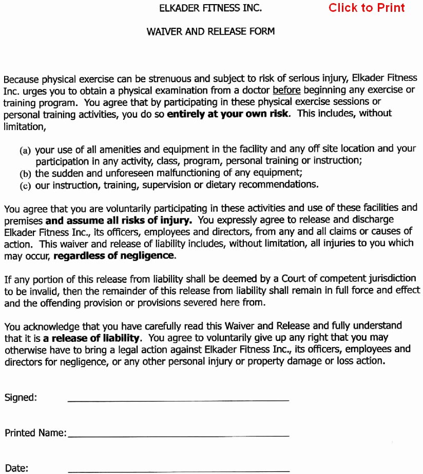 Liability Waiver form Template Free New Free Printable Release and Waiver Liability Agreement
