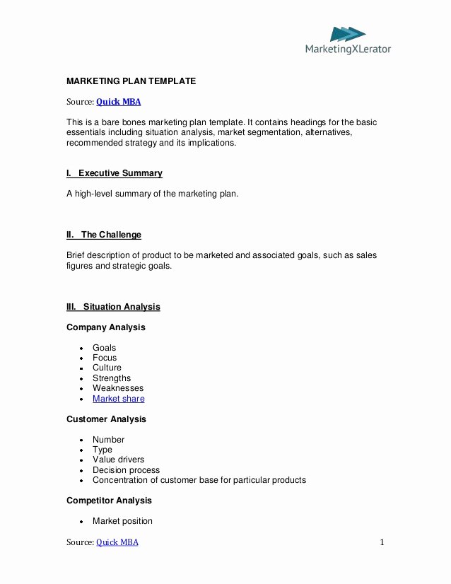 Marketing Plan Outline Template Awesome Basic Marketing Plan Template by Quickmba