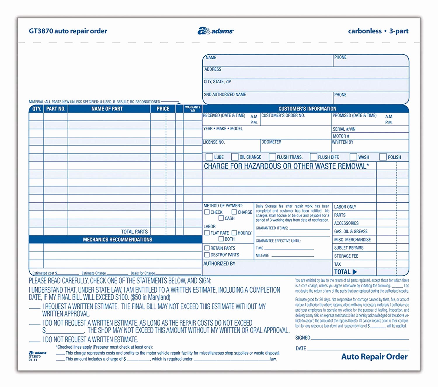 Mechanic Work order Template New Adams Auto Repair order forms 8 5 X 7 44 Inch 3 Part
