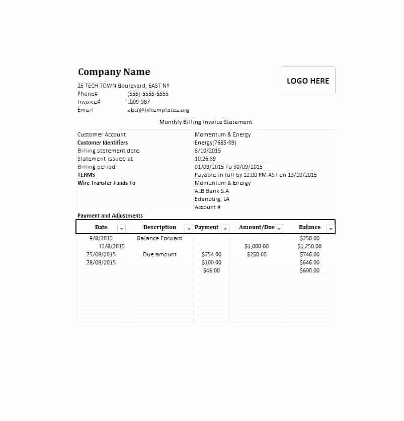 Medical Bill Statement Template Awesome Monthly Billing Statement Template Invoice Summary Example