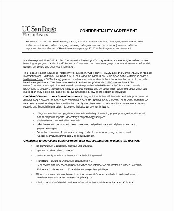 Medical Confidentiality Agreement Template Elegant 8 Standard Confidentiality Agreement Templates – Free