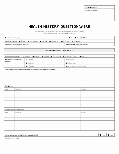 Medical Record form Template Fresh Patient Health History Questionnaire 4 Pages