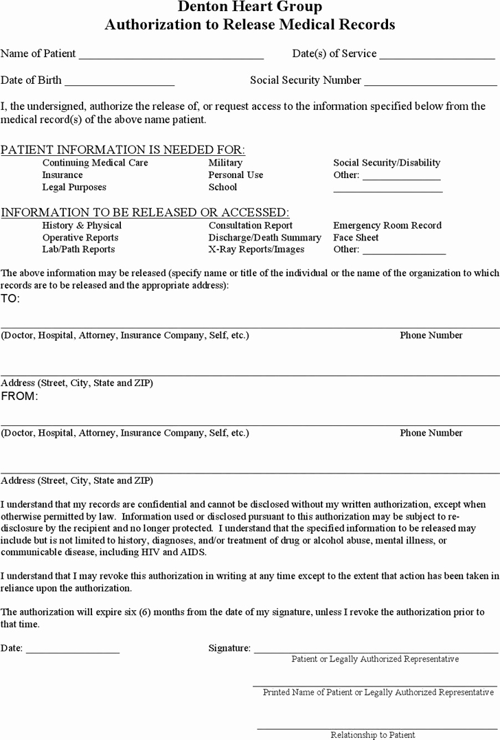 Medical Record form Template Lovely Free Generic Authorization to Release Medical Records form