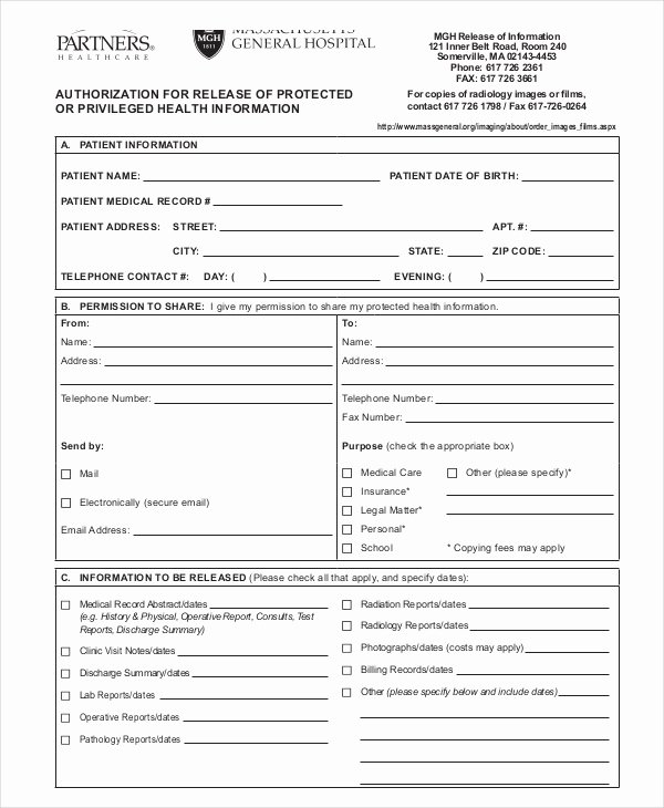 Medical Records form Template Fresh 10 Medical Release forms Free Sample Example format