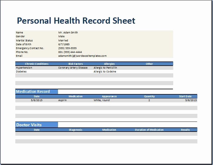 Medical Records form Template Unique Personal Family Medical Health Record Worksheet Excel