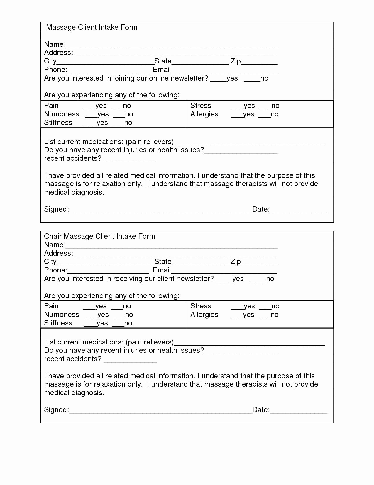 Mental Health Intake form Template Fresh Massage Client Intake form Template