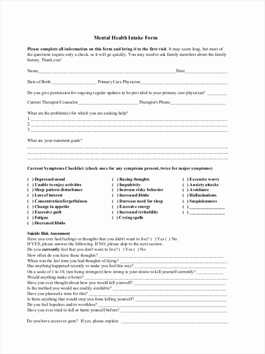 Mental Health Intake form Template Unique assessment Intake form 11 Free Documents In Word Pdf