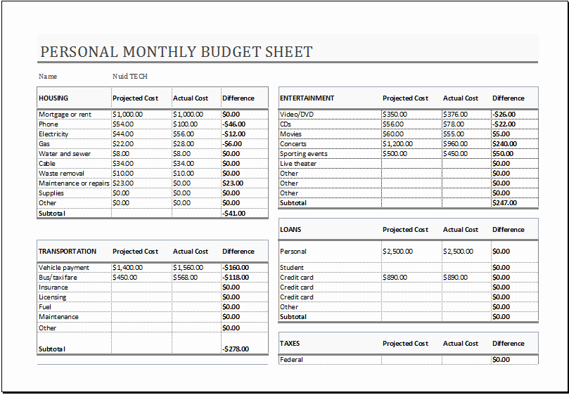 Monthly Balance Sheet Excel Template Elegant Personal Monthly Bud Sheet for Ms Excel