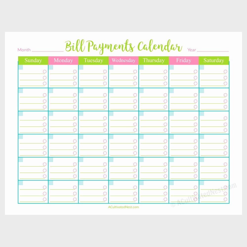 Monthly Bill Calendar Template Luxury Printable Bill Payments Calendar A Cultivated Nest