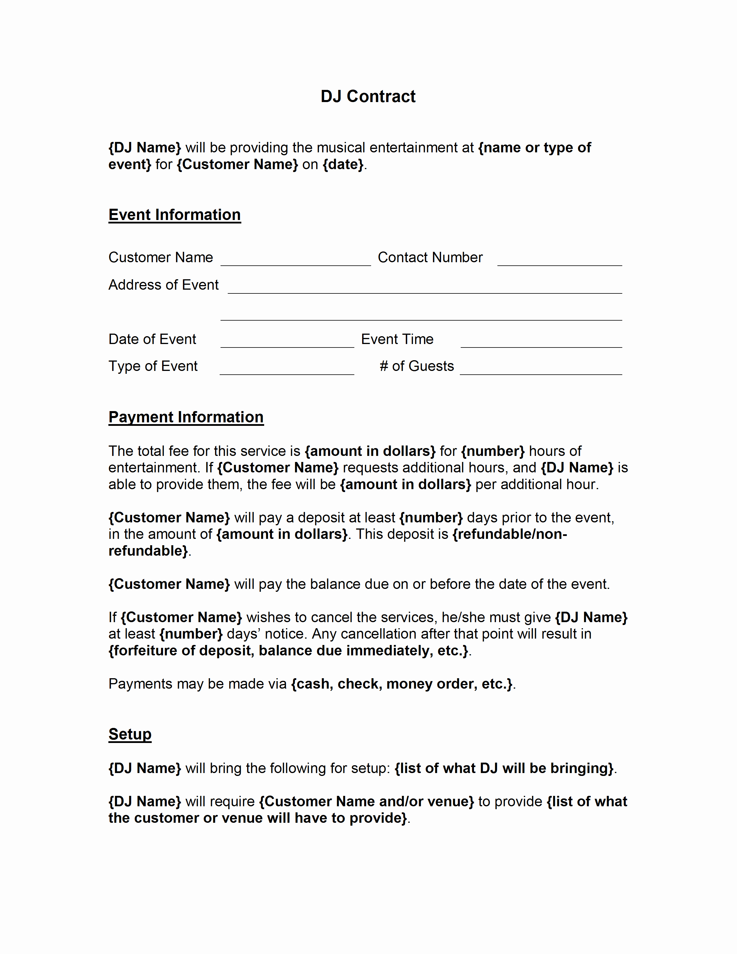 Ms Word Contract Template Inspirational Dj Contract Template