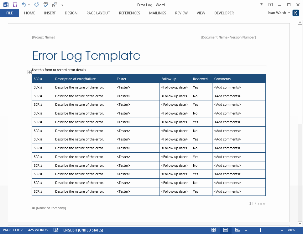 Ms Word Test Template Beautiful Error Log Template – Ms Word – software Testing