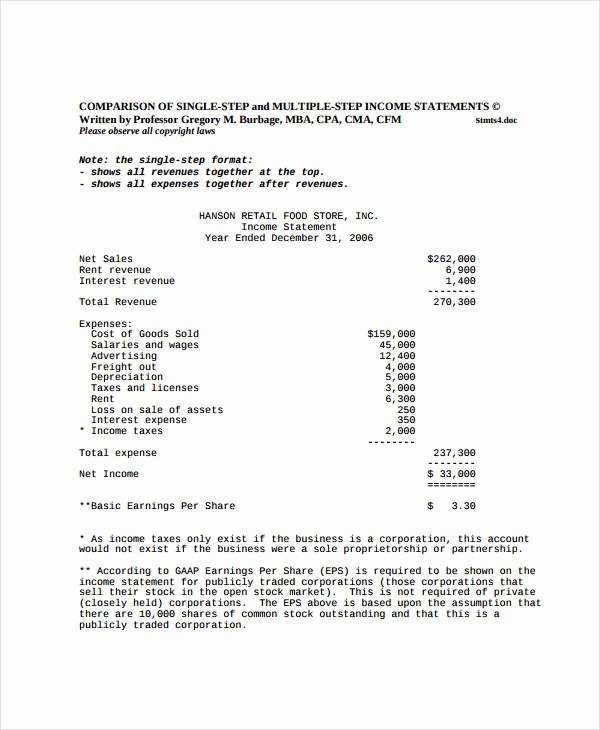 Multi Step Income Statement Template Awesome In E Statement format 12 Free Word Pdf formats