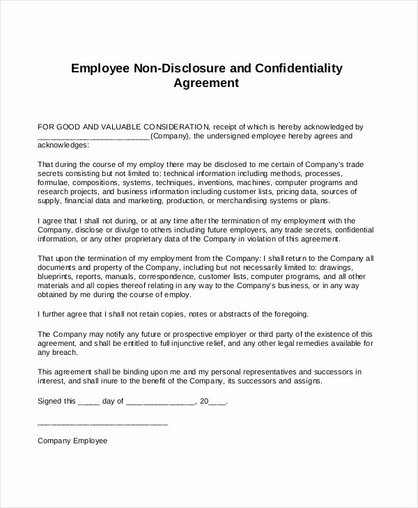 Nda Agreement Template Word Beautiful Employee Non Disclosure Agreement Pdf
