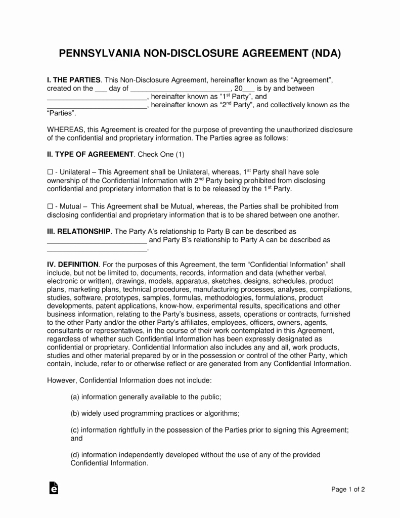 Nda Agreement Template Word Elegant Pennsylvania Non Disclosure Agreement Nda Template