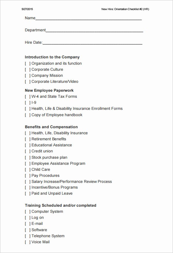 New Employee orientation Template Luxury 26 Hr Checklist Templates Free Sample Example format