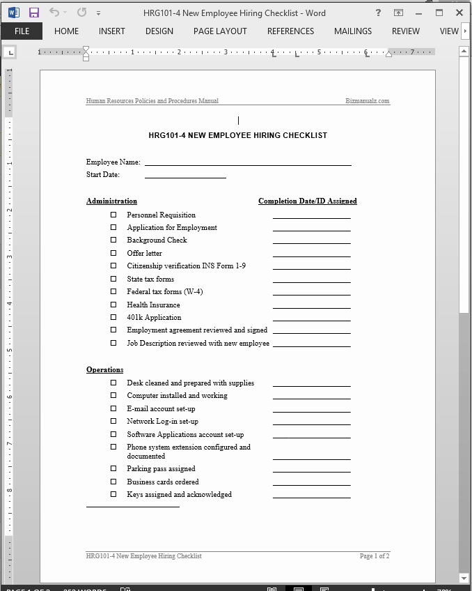 New Hire form Template Elegant New Employee Hiring Checklist Template