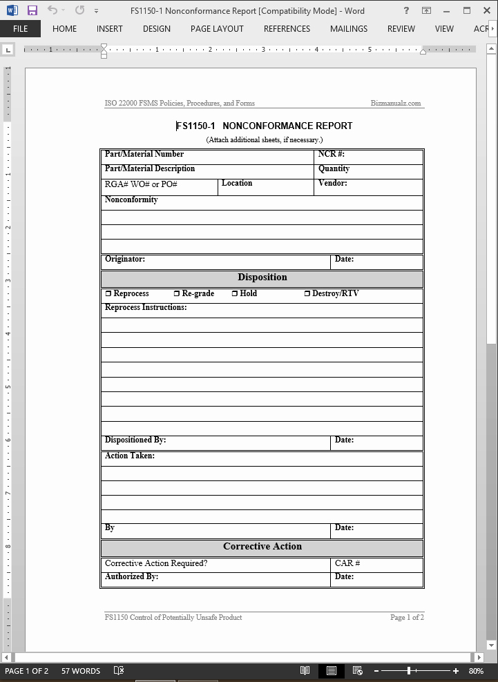 Non Conformance Report Template Lovely Fsms Nonconformance Report Template