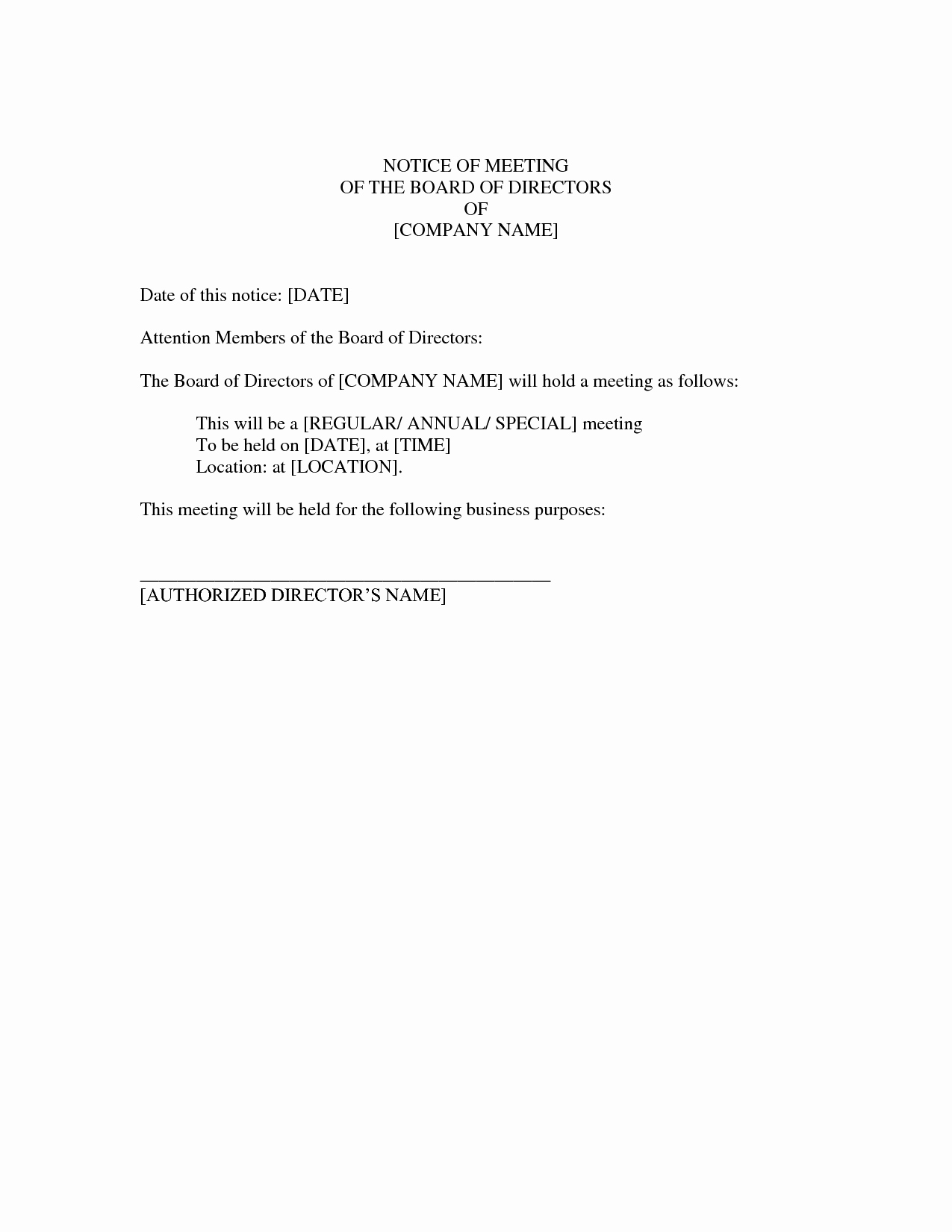 Notice Of Board Meeting Template Lovely 10 Best Of Board Meeting Notice format Board