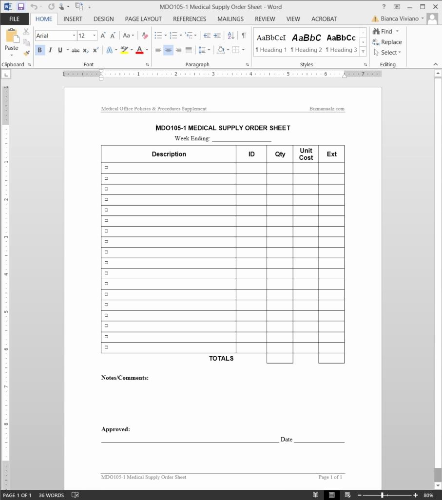 Office Supply order form Template Beautiful Medical Supply order Worksheet Template