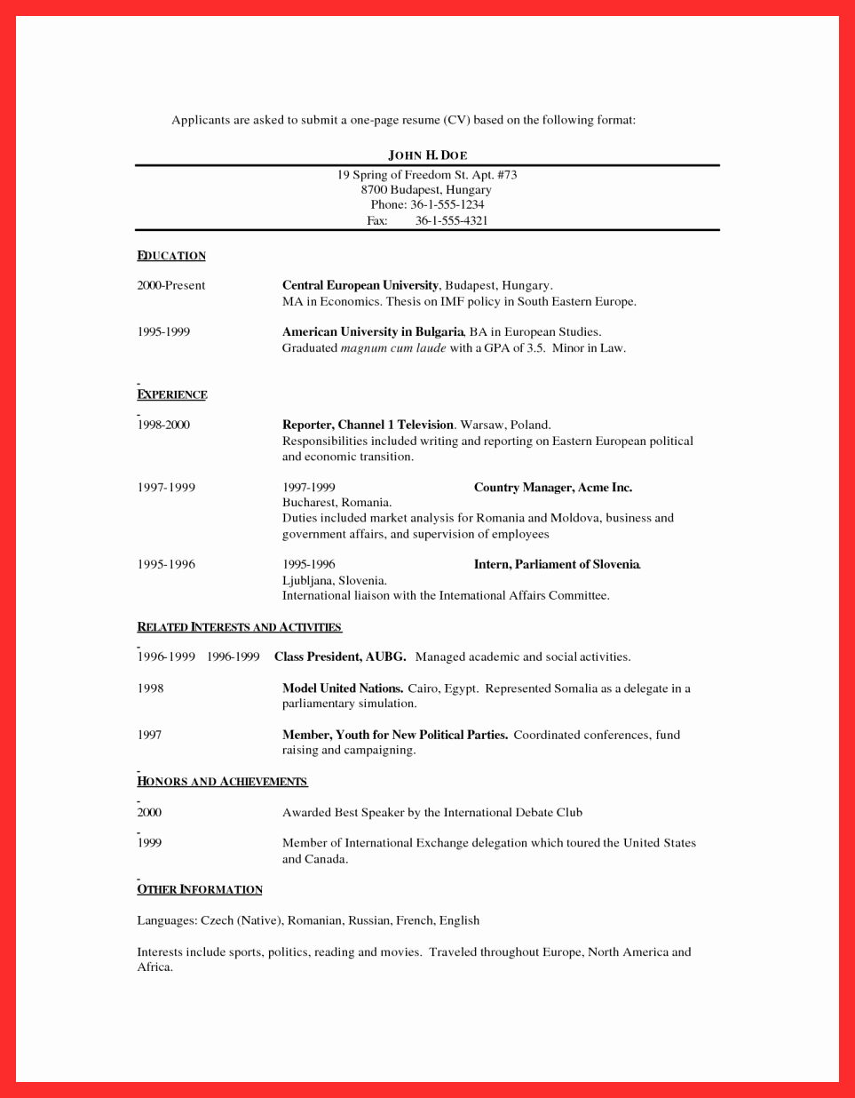 One Page Resume Template Free Awesome Best One Page Resume