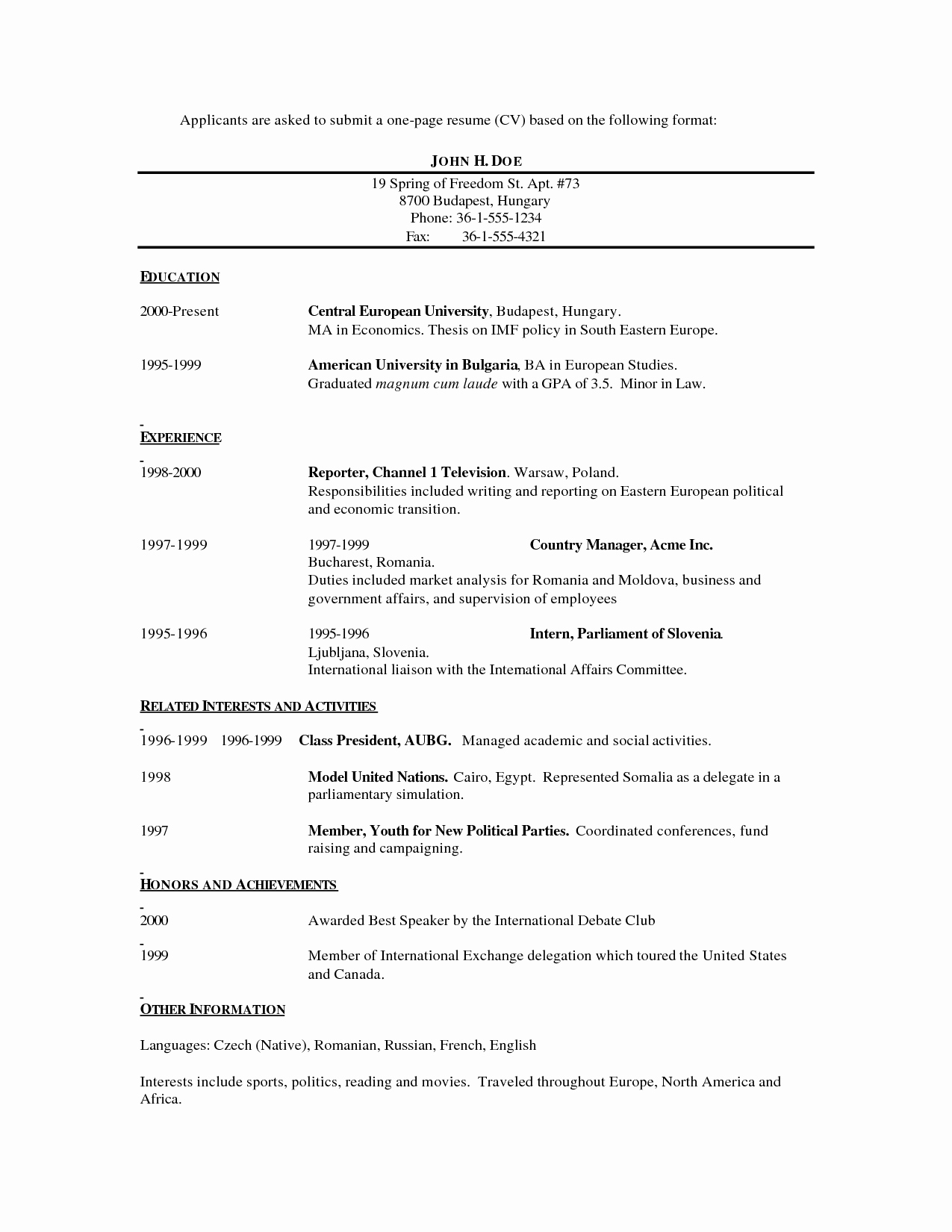 One Page Resume Template Word Best Of E Page Resume Template