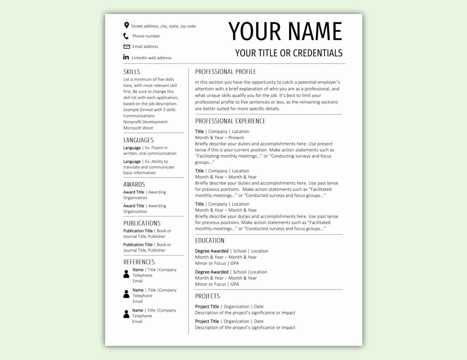 One Page Resume Template Word Best Of Resume Template Cv Template Instant Download Microsoft Word