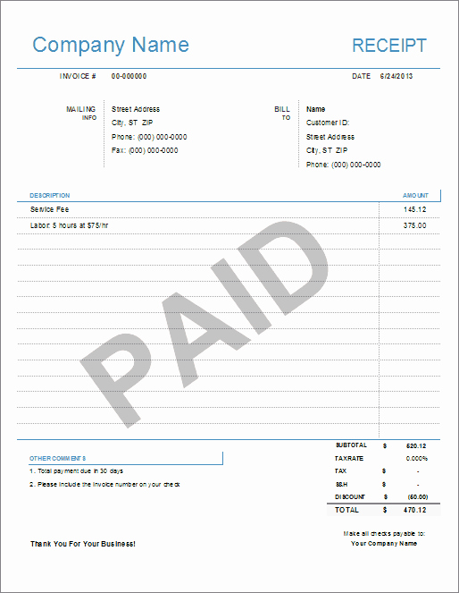 Paid Invoice Receipt Template Fresh Simple Receipt Template for Excel