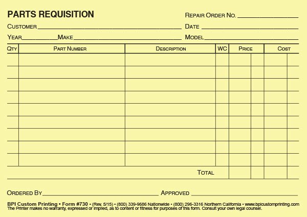 Part order form Template Elegant Requisition On Parts Room Bpi Dealer Supplies