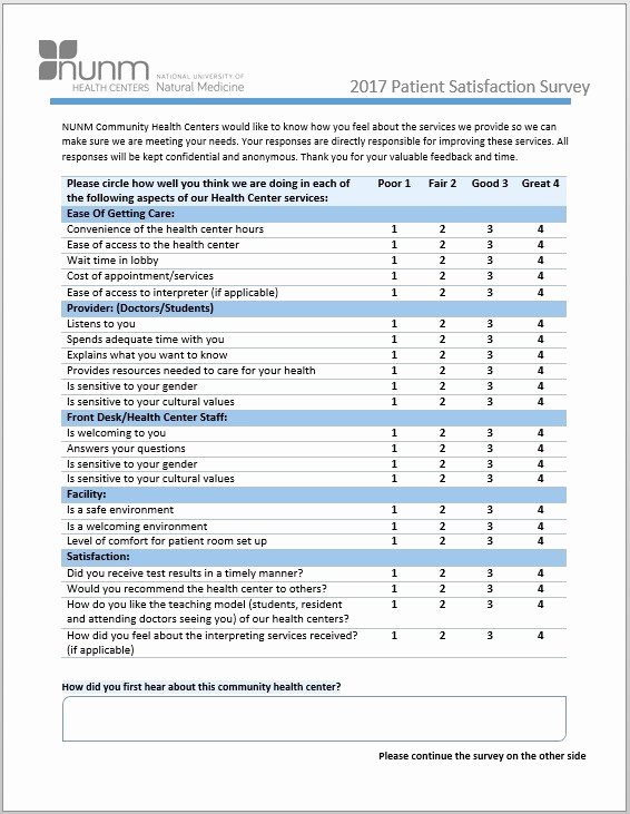 Patient Satisfaction Survey Template Best Of Patient Satisfaction Survey Nunm Health Centers