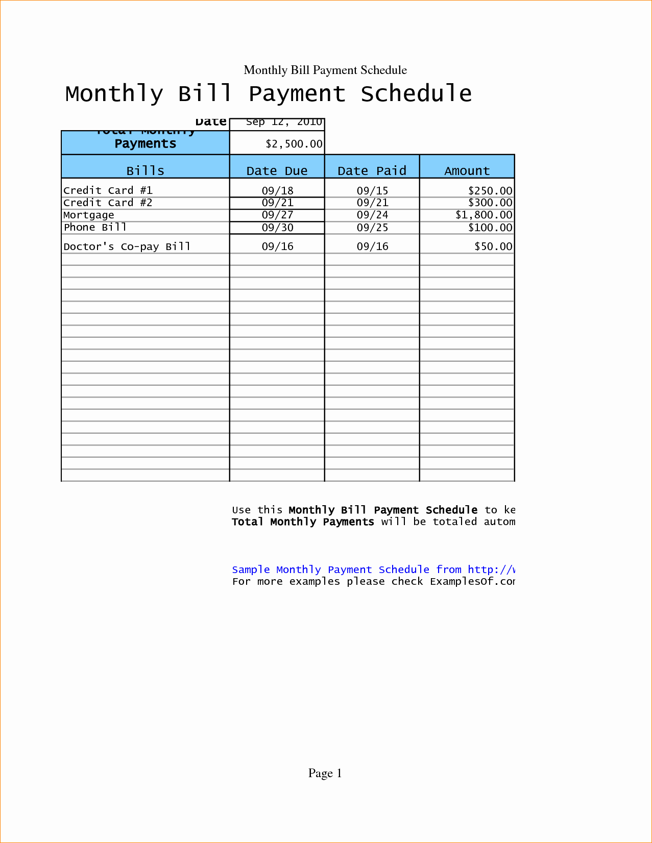 Payment Schedule Template Excel Inspirational Monthly Payment Template Examples Vatansun