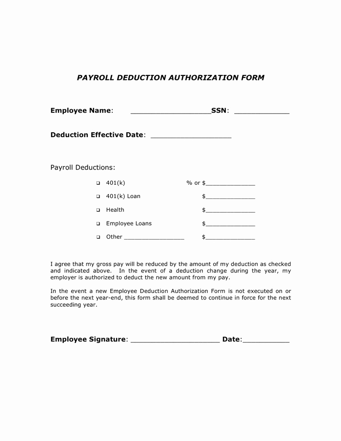 Payroll Deduction Authorization form Template Awesome Payroll Deduction Authorization form In Word and Pdf formats