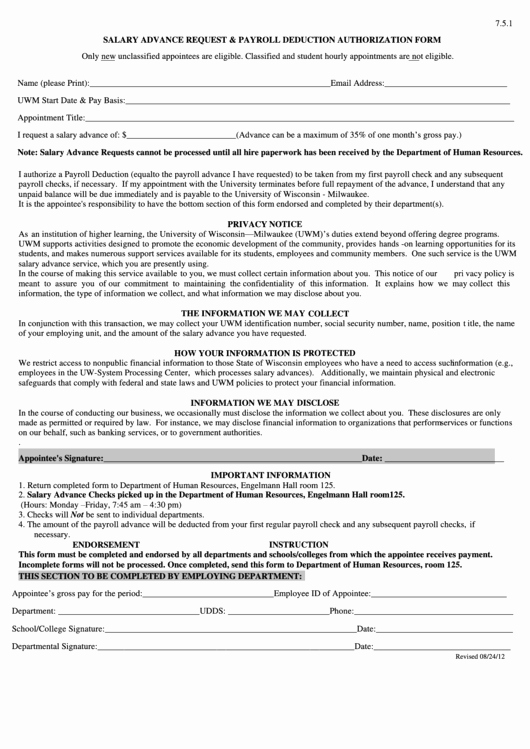 Payroll Deduction Authorization form Template New Salary Advance Request and Payroll Deduction Authorization