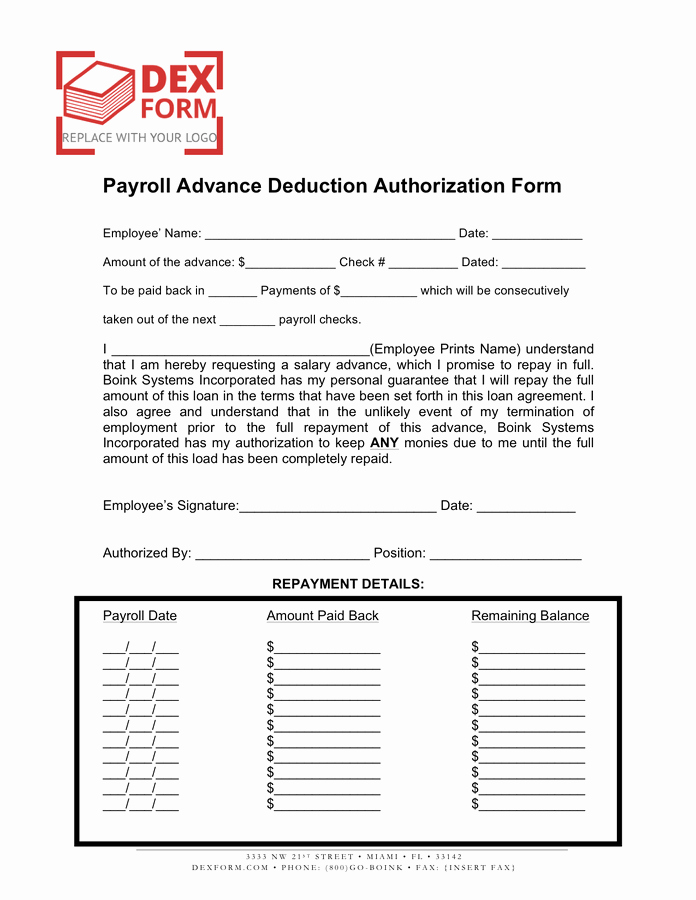 Payroll Deduction form Template Beautiful Payroll Advance Deduction Authorization form In Word and