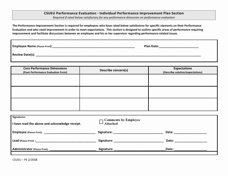 Performance Action Plan Template Inspirational Performance Evaluation and Improvement Plan form and