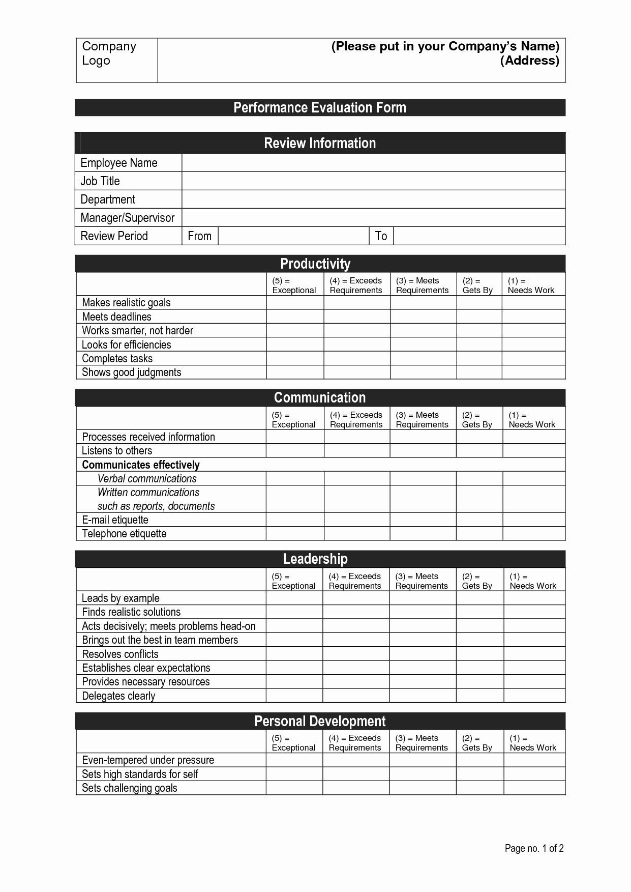 Performance Appraisal form Template Lovely Job Performance Evaluation Frompo 1