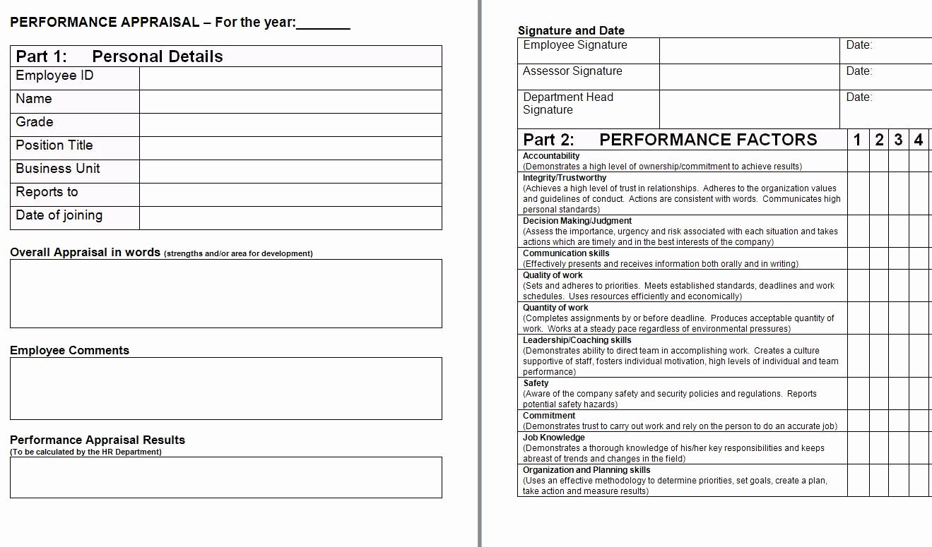 Performance Appraisal form Template New Performance Appraisal form Template
