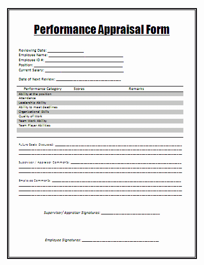 Performance Review form Template Beautiful Performance Appraisal form