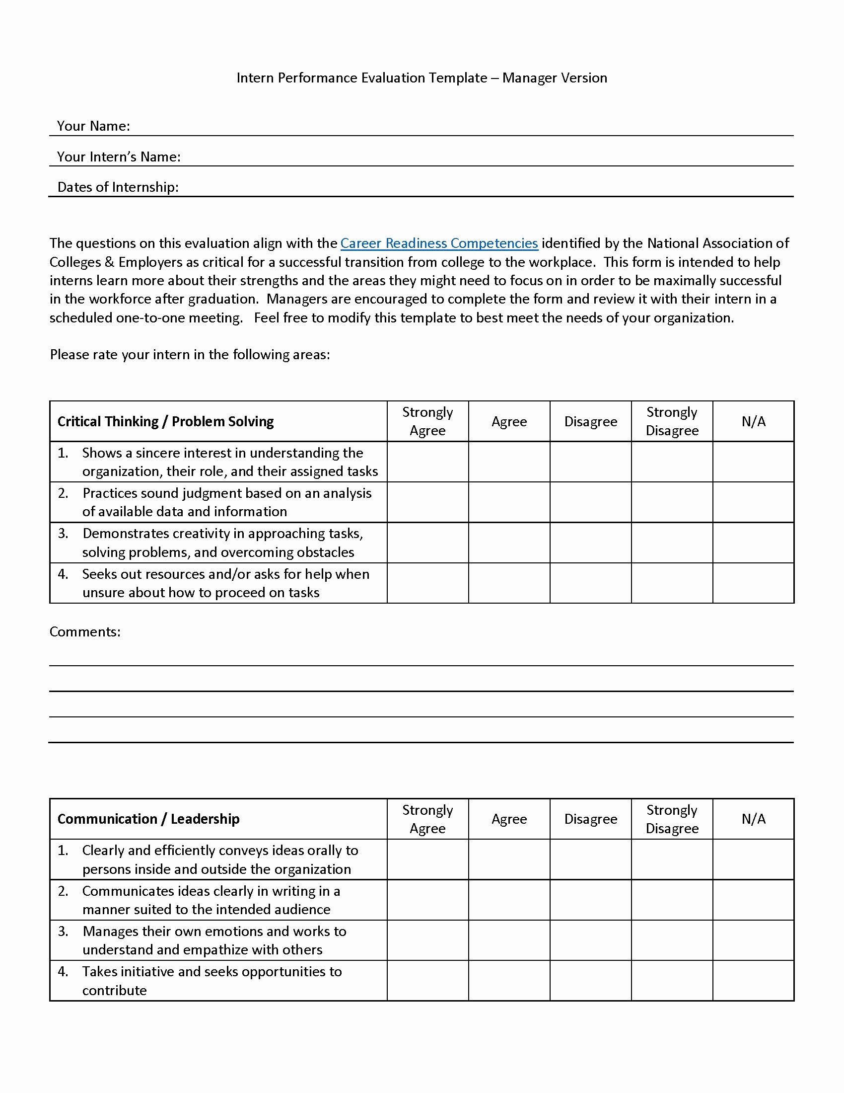 Performance Review Template for Managers Luxury Intern Performance Evaluation Template – Manager Version
